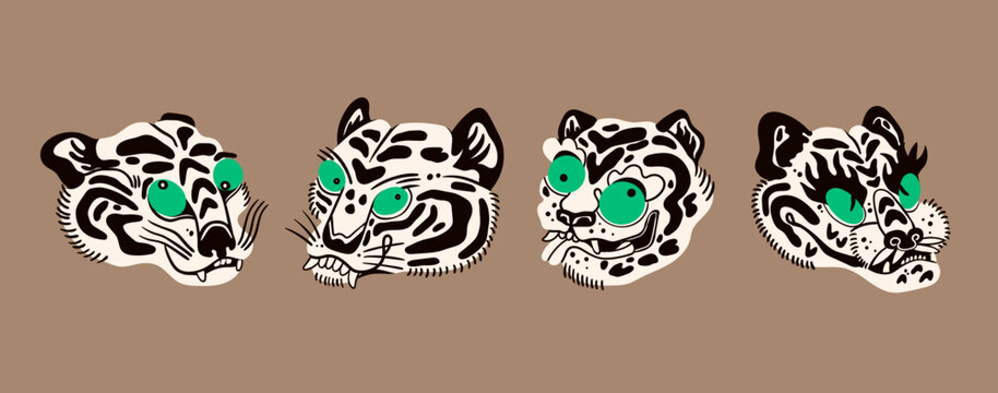 Various abstract Tigers or leopards. Unique, cartoon, quirky style. Hand drawn trendy Vector illustration. Funny characters. Isolated design elements. Poster, print, sticker, tattoo idea templates