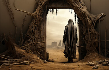 Hooded Stranger walking through abandoned City, Dark fantasy