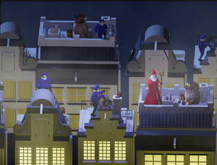 Sinterklaas and his Pieten are busy handing out presents on Sinterklaas Eve on the roofs of Dutch houses, a typical Dutch tradition on December 5. children's party theme background, 3D render, illustr