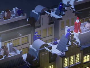 Sinterklaas and his Pieten are busy handing out presents on Sinterklaas Eve on the roofs of Dutch houses, a typical Dutch tradition on December 5. children's party theme background, 3D render, illustr