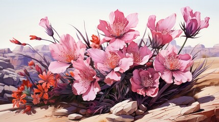 A cluster of rare blooming desert flowers. Generative AI.