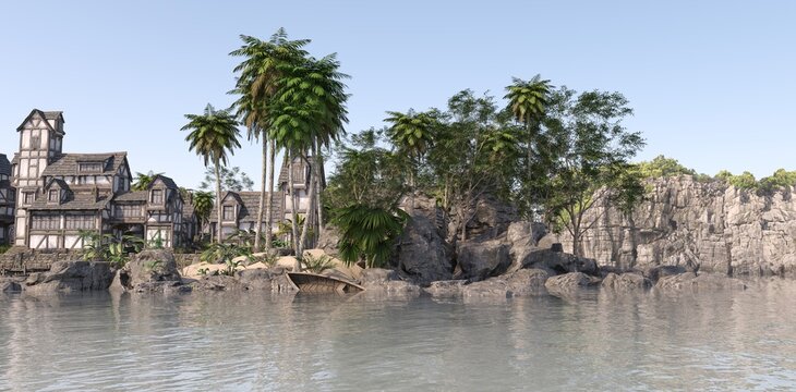 A medieval village surrounded by palm trees and rocks on the ocean shore against a blue sky. Sandy soil with tropical vegetation. Photorealistic 3D illustration.