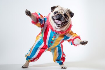 Photo of a playful Pug in a clown costume, captured against a clean white background. Generative AI