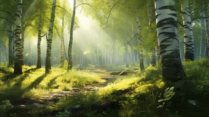 Morning in the forest. Morning in a forest with rays of the bright sun. Beautiful summer landscape of clean woods with sunbeams and rays of light flashing through the trees. 