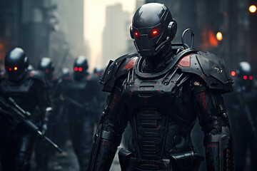 Modern robot walking on the street, warrior, combat.