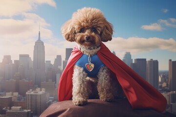 Photo of a poodle in a superhero cape, standing atop a mini cityscape. Generative AI