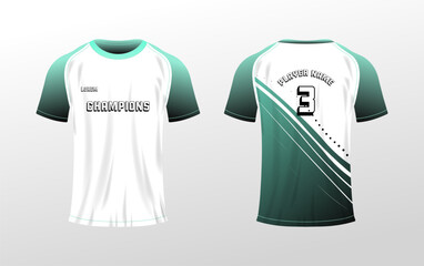 Naklejka premium T-shirt mockup. Flat, color, t-shirt layout, player name, number 3, front and back of T-shirt mockup, space for your logo. Vector icons