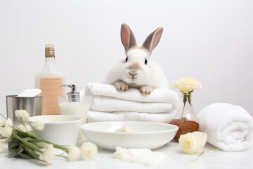 Photo of a rabbit enjoying a pretend spa day with a white background. Generative AI - obrazy, fototapety, plakaty
