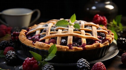 A freshly baked lattice-topped blackberry pie close. Generative AI.