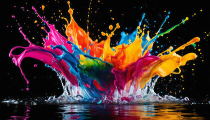 Colorful Paint splashes into water on a dark background with vibrant colors