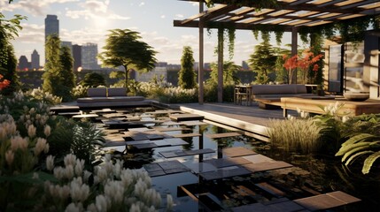 A rooftop garden with a reflecting pool and a variety of exotic plant species.