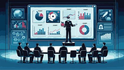 A storyboard frame depicts a cybersecurity meeting room. The commander stands in front of a large screen displaying graphics