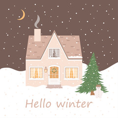 Hello winter, house whit snow, christmas tree, snowman, night