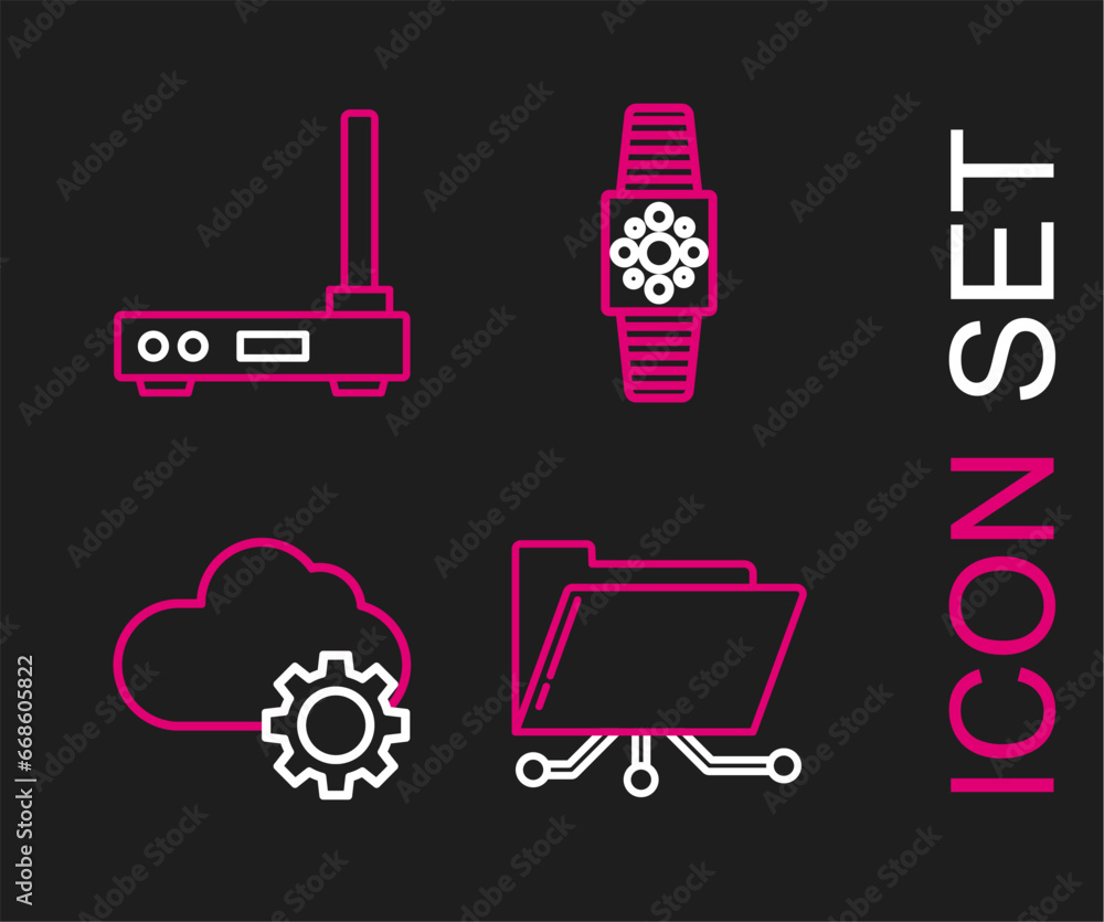 Poster set line folder and lock, cloud technology data transfer storage, smartwatch and router wi-fi signal