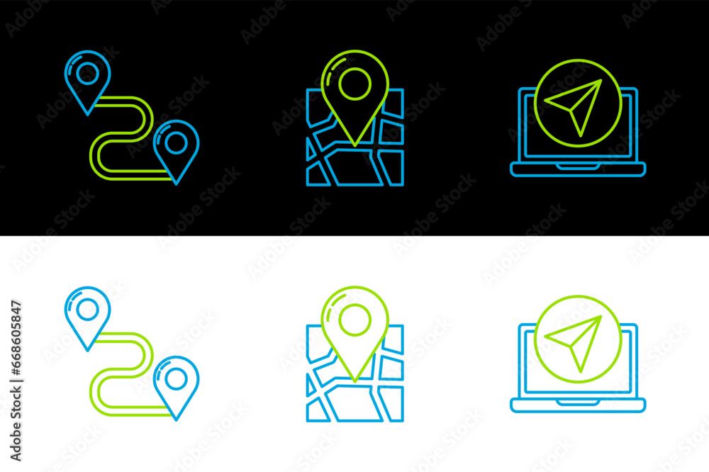 Poster set line infographic of city map navigation, route location and folded with marker icon. vector