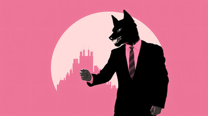 On a pink background is a man dressed in a black suit