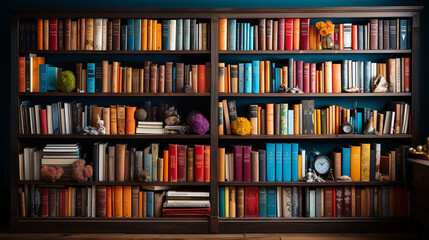 Multi colored books in bookshelf.