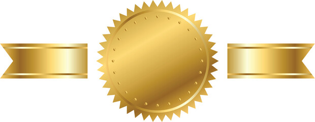 Golden stamp with horizontal ribbons isolated on white background. Vector illustration