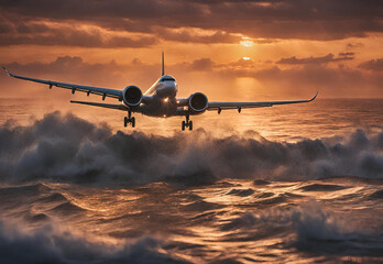 a mesmerizing image of an airplane soaring over the sea during a golden sunset. - a mesmerizing...