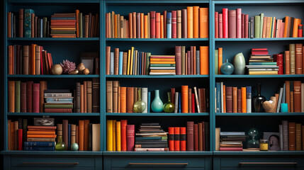 Multi colored books in bookshelf.