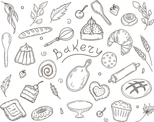 A set of pastries and a sweet dessert in the doodle style. A hand-drawn vector illustration isolated on a white background.