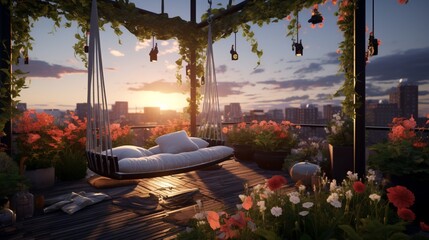 A rooftop garden with hanging swings, suspended loungers, and lush, overhanging flora. - obrazy, fototapety, plakaty
