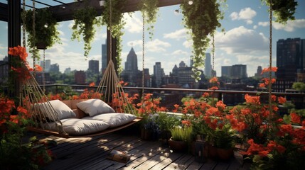 A rooftop garden with hanging swings, suspended loungers, and lush, overhanging flora.