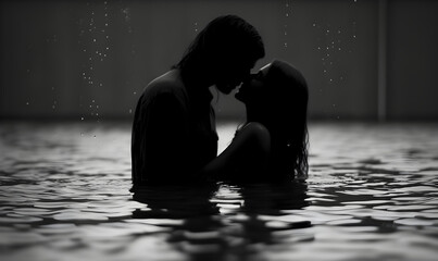 Le baiser - photo d'art d'un couple qui s'embrasse dans une piscine - Noir et blanc - grain et léger flou
