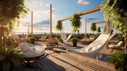 A rooftop garden with hanging swings, hammocks, and a central relaxation space.