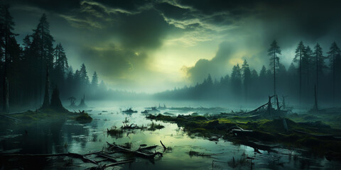 Swamp with trees in misty fog at sunrise. Tranquil, moody landscape. Generative AI