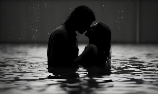 Le baiser - photo d'art d'un couple qui s'embrasse dans une piscine - Noir et blanc - grain et l&eacute;ger flou