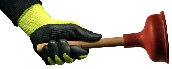 Hand with green and black protective work glove, holding a red rubber plunger with wooden handle,...