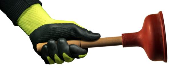 Hand with green and black protective work glove, holding a red rubber plunger with wooden handle, isolated on white or transparent background. Png.