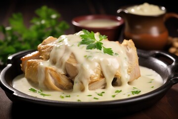square cropped image of chicken piece soaked in white sauce