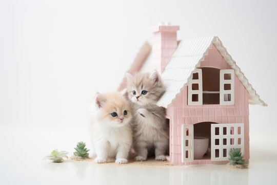 Photo of a pair of kittens playing hide and seek in a dollhouse against a white backdrop