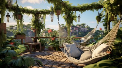 A rooftop garden with suspended hammock chairs and lush, hanging vegetation.