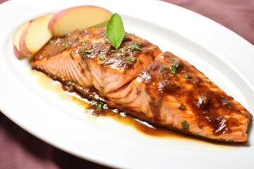 close-up shot of apple cider bbq salmon on a white plate
