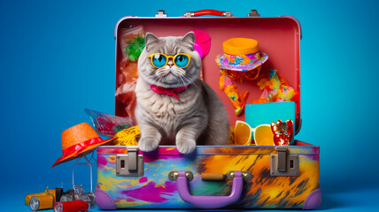 Portrait shot of cute cat on suitcase in colorful vintage.moody studio background.summer and vacation concepts