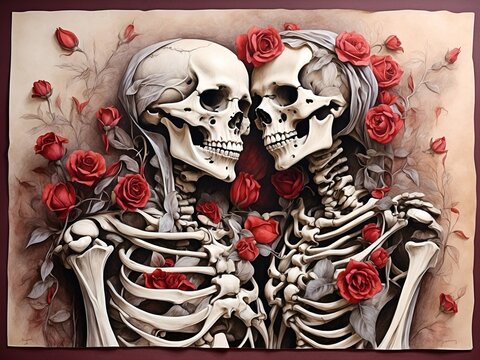 skeleton corpse of couple lover with flower grow on theme, forever love, eternal love, mist, halloween theme