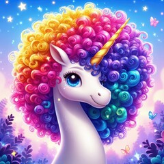 a fabulous unicorn with colorful hair, a magical forest with a cute hero