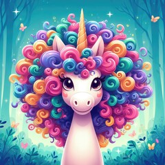 a fabulous unicorn with colorful hair, a magical forest with a cute hero