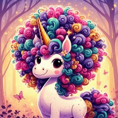 a fabulous unicorn with colorful hair, a magical forest with a cute hero