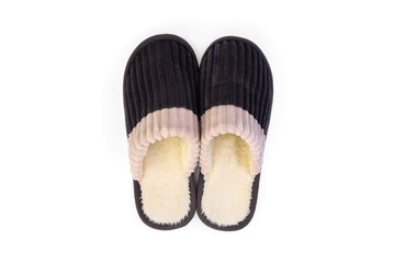 Men's grey house slippers isolated on white background. Top view.