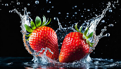 Strawberry splashes into water on a dark background with vibrant colors