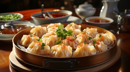 Chinese dim sum close-up. Generative AI.