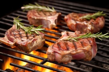 lamb chops with fresh rosemary on a charcoal grill