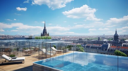 Fototapeta premium A rooftop pool with a transparent side offering a view of the bustling city below.