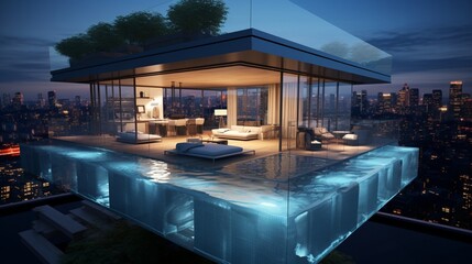 A rooftop pool with a glass-bottom section showcasing the interior of the home. - obrazy, fototapety, plakaty