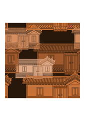 Editable Wide Traditional Hanok Korean House Building Vector Illustration as Seamless Pattern With Dark Background for Decorative Element of Oriental History and Culture Related Design