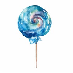 Cheerful watercolor illustration of a blue raspberry-flavored lollipop on white background. AI generated
